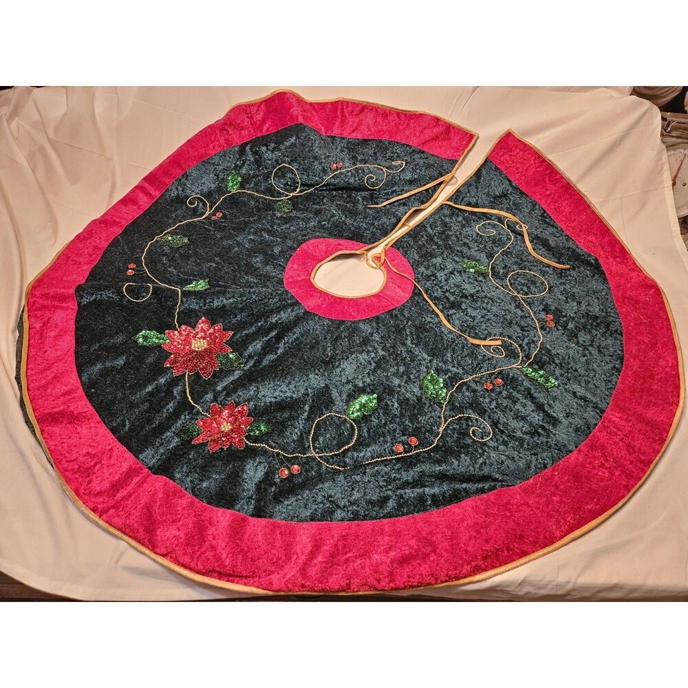 46" Tree Skirt Christmas Sequin Embellished Holly & Bells Red & Green Velvet